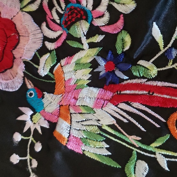 Vintage Embroidered Black Silk Satin Floral Birds Cocktail Jacket Women's Sz M - Picture 16 of 17